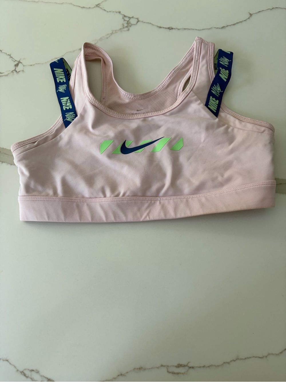 Nike Girls' Light Pink sports bra with Neon Green and Navy Logos size large